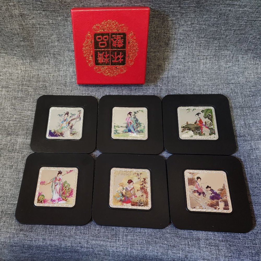 Etched Metallic Color Foil Japanese Geisha Girls Set Of 6 Hard Plastic Coasters